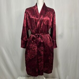 Oscar de la Renta Robe Floral Satin Burgundy Small Kimono Loungewear Sleepwear